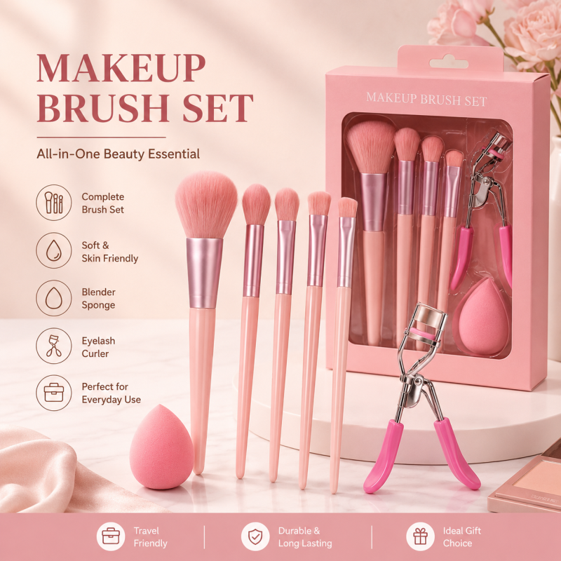 pack of 6 Makeup Brush Mixed Set Concealer Brushes Blush Brush Eye Shadow Eyelash Curler Beauty Sponge Makeup Tools - Image 2